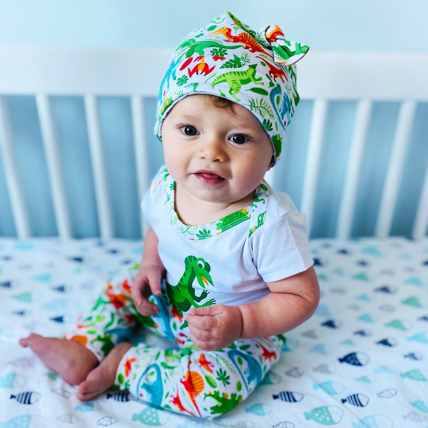 AnnLoren Baby Layette Boys Dinosaur Onesie Pants Cap 3pc Gift Set Clothing Sizes 3M - 18M