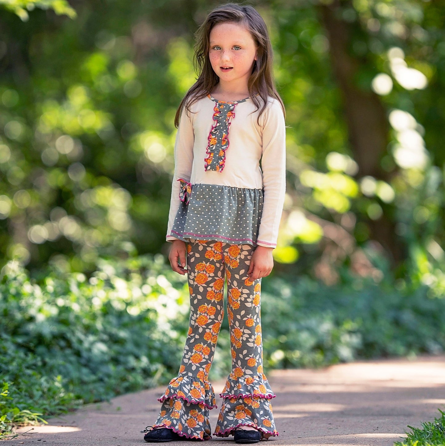 AnnLoren Girls Vintage Floral Polka Dots Tunic & Ruffle Pant Clothing Set 2/3T-9/10
