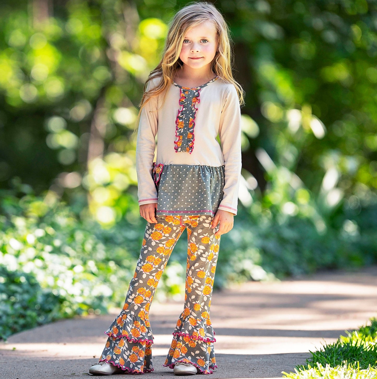 AnnLoren Girls Vintage Floral Polka Dots Tunic & Ruffle Pant Clothing Set 2/3T-9/10