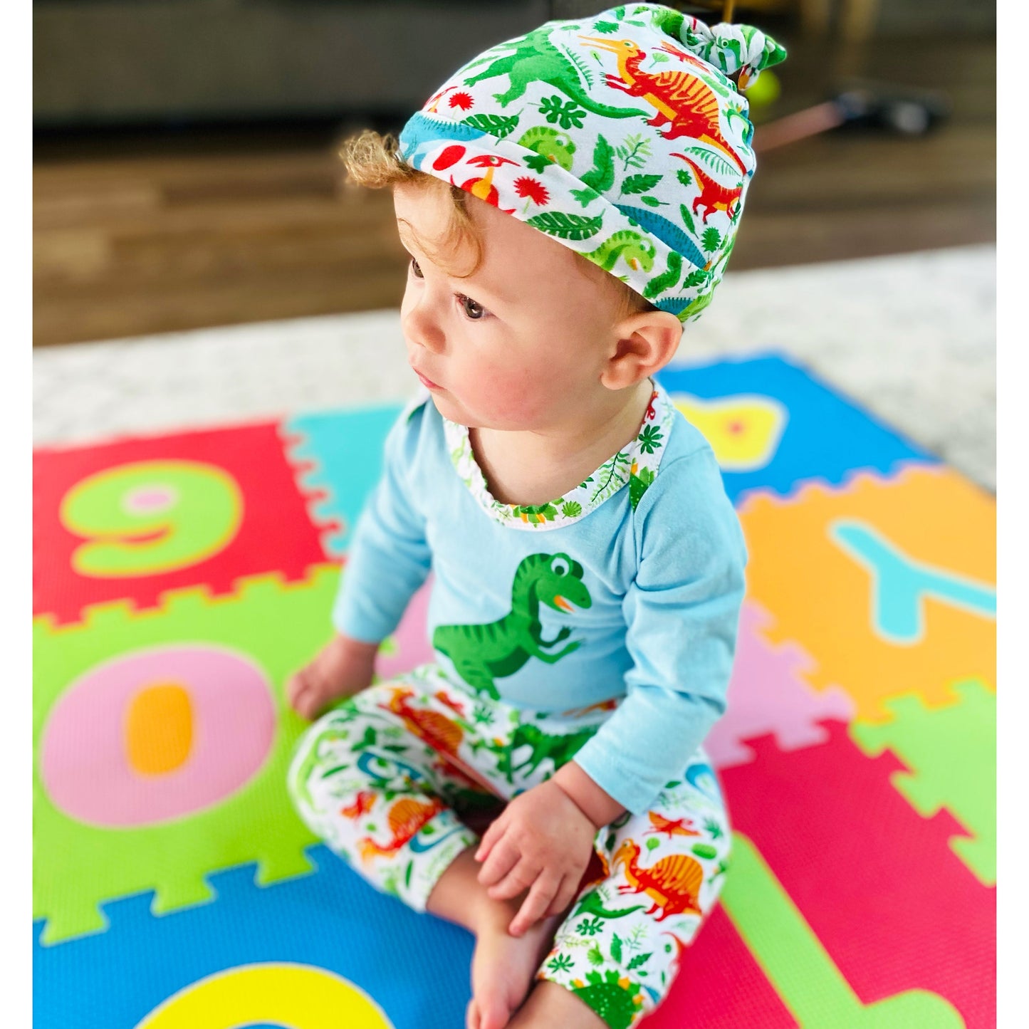 AnnLoren Baby Layette Boys Dinosaur Long Sleeve Onesie Pants Cap 3pc Gift Set
