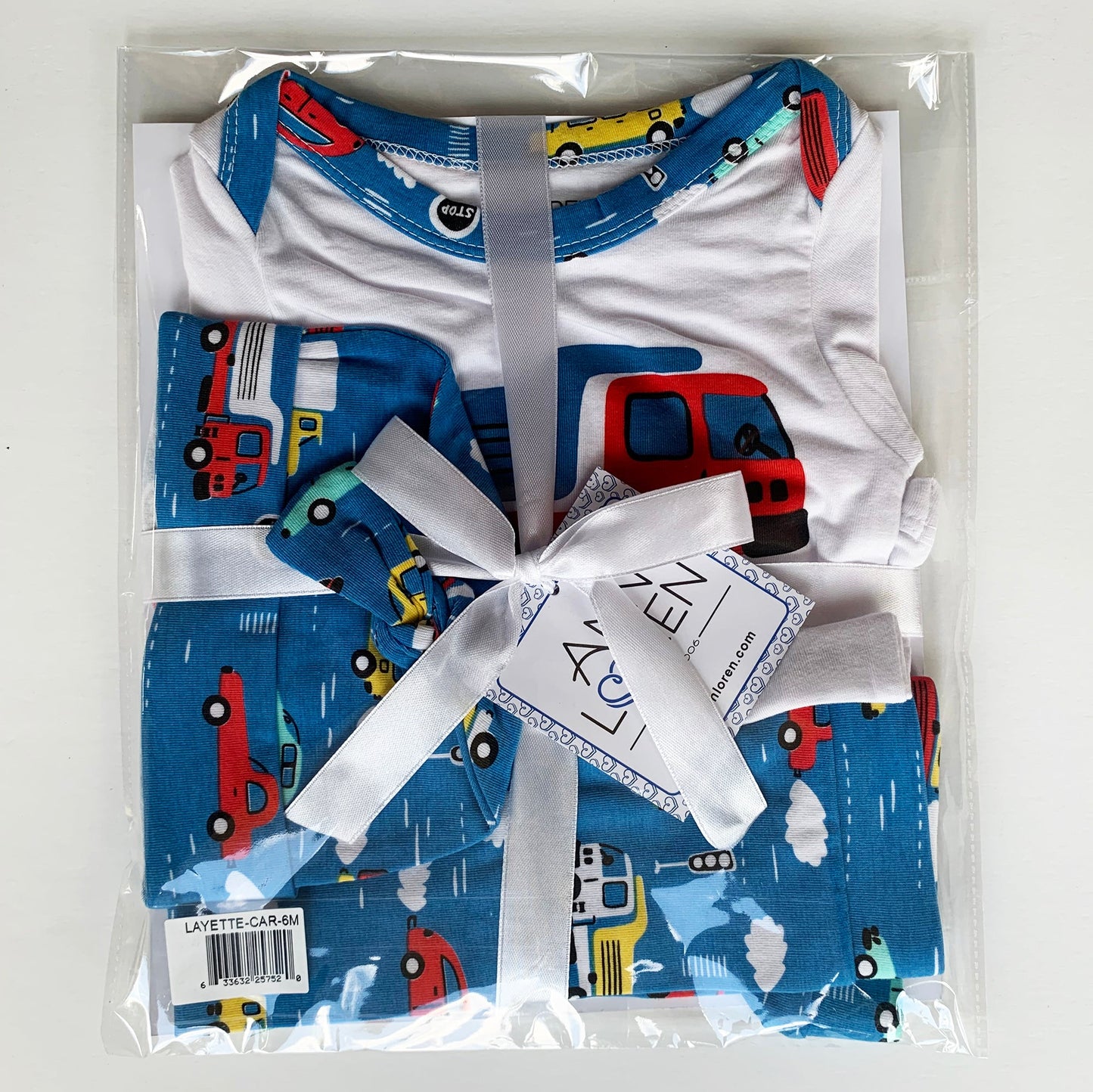 AnnLoren Baby Boys Layette Cars Trucks Long Sleeve Onesie Pants Cap 3pc Gift Set