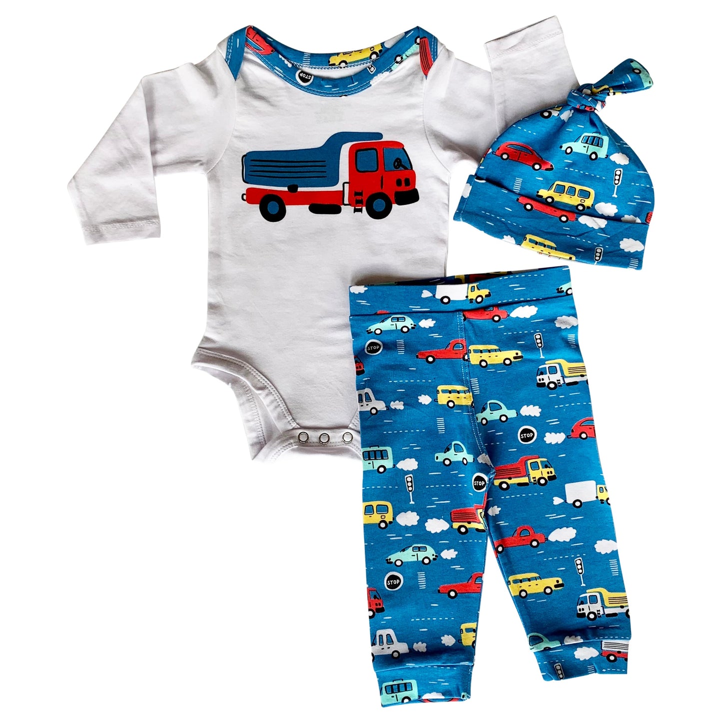 AnnLoren Baby Boys Layette Cars Trucks Long Sleeve Onesie Pants Cap 3pc Gift Set