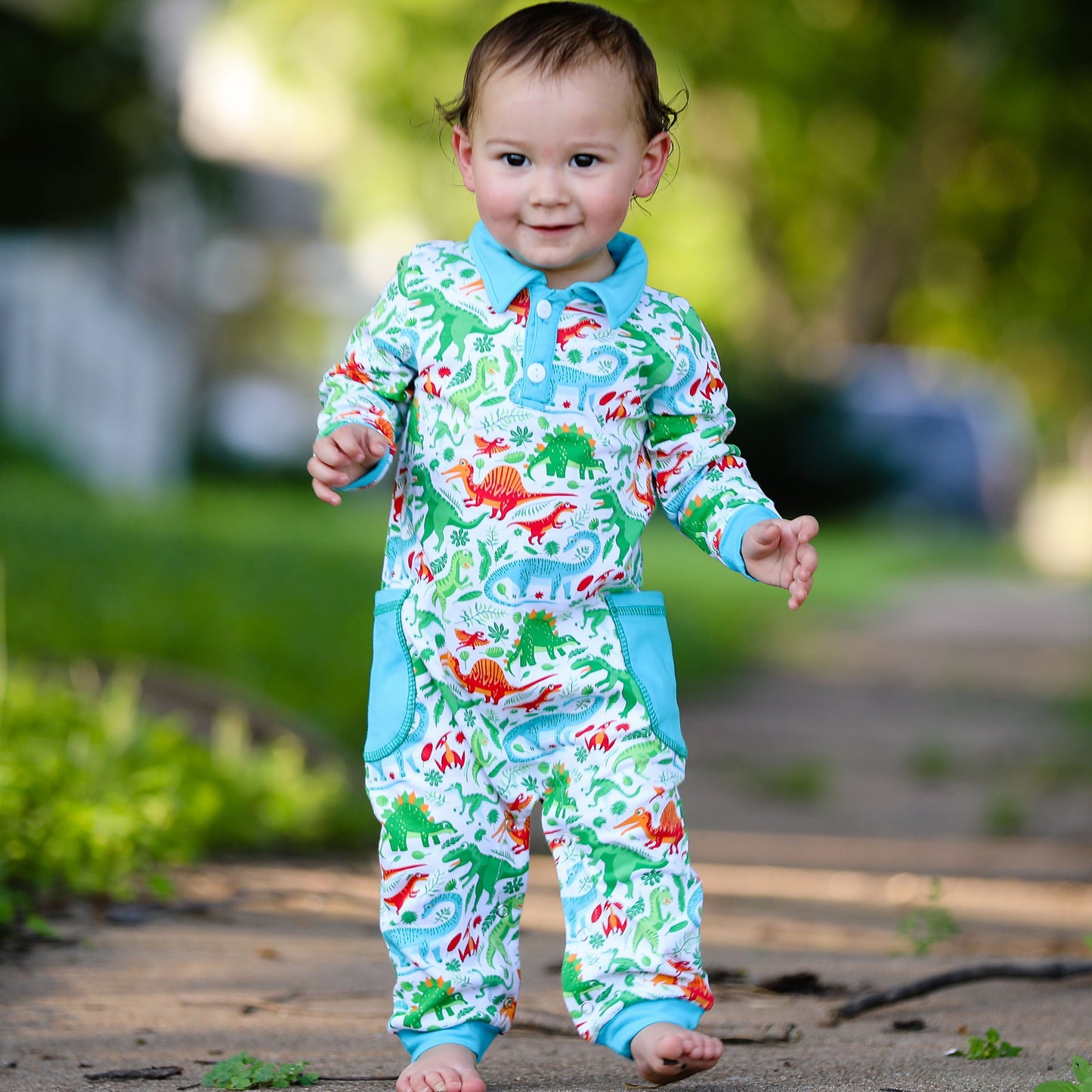 AnnLoren Dinosaur T Rex long sleeve Collar Baby/Toddler Boys Romper Sizes 6M - 24M