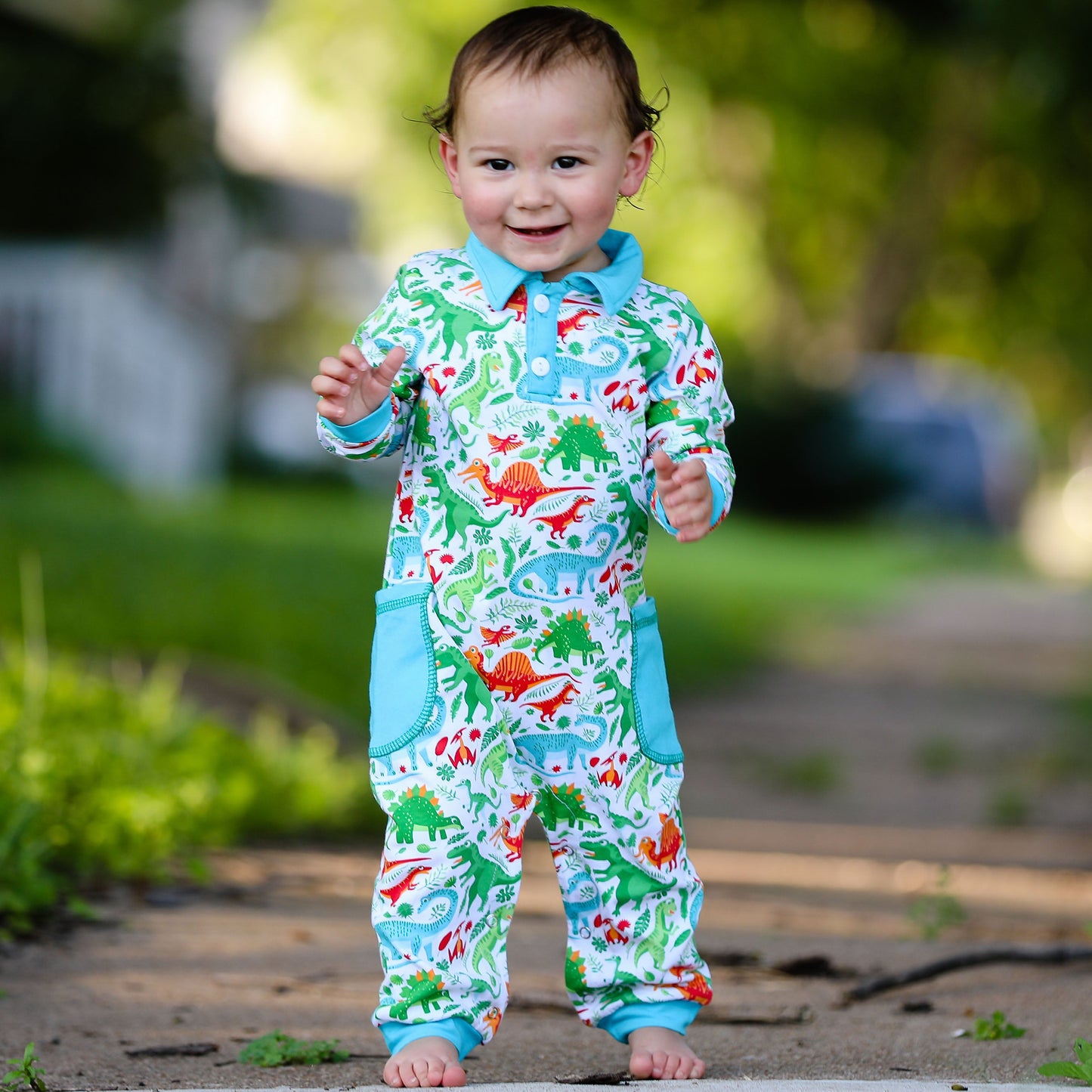AnnLoren Dinosaur T Rex long sleeve Collar Baby/Toddler Boys Romper Sizes 6M - 24M