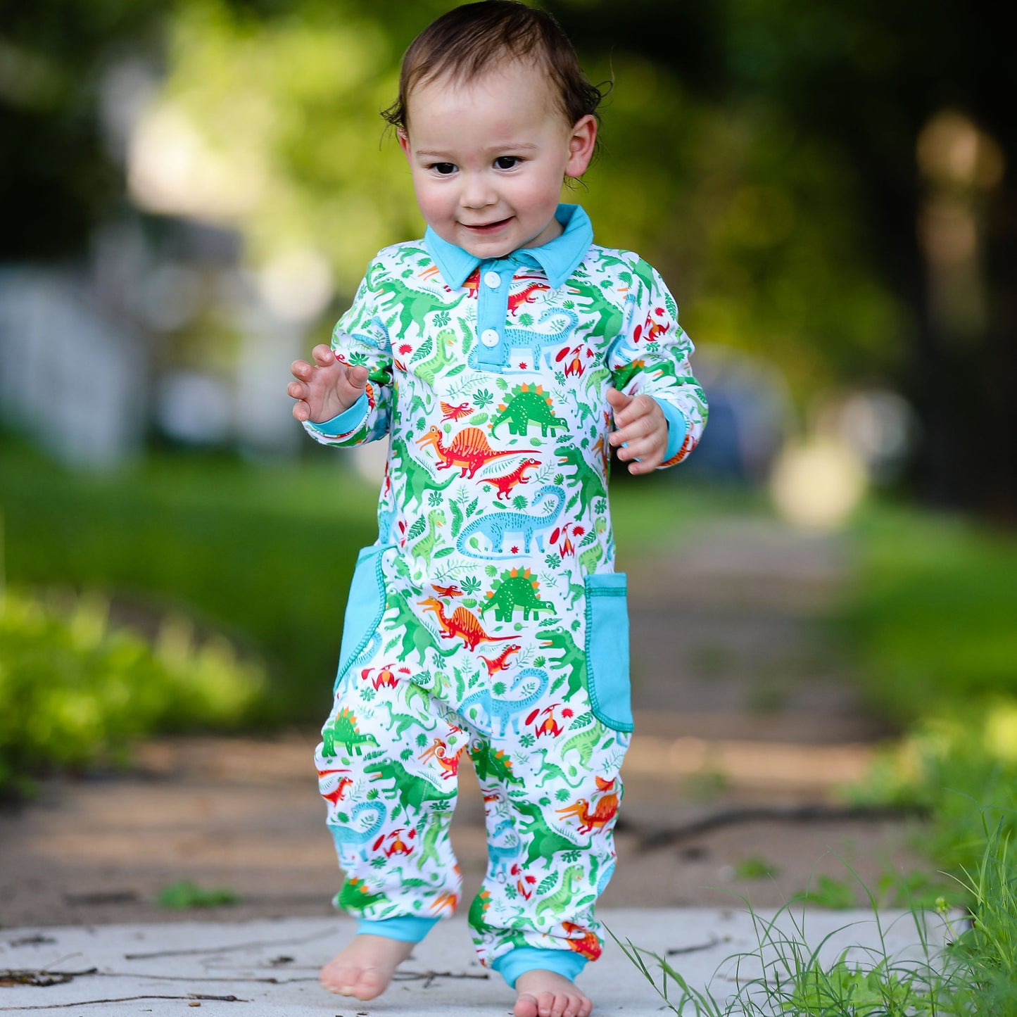 AnnLoren Dinosaur T Rex long sleeve Collar Baby/Toddler Boys Romper Sizes 6M - 24M