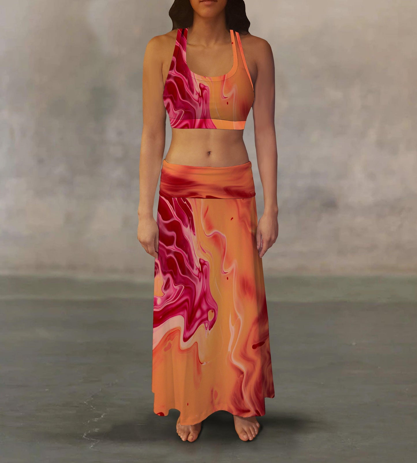 Red Orange Liquid Maxi Skirt